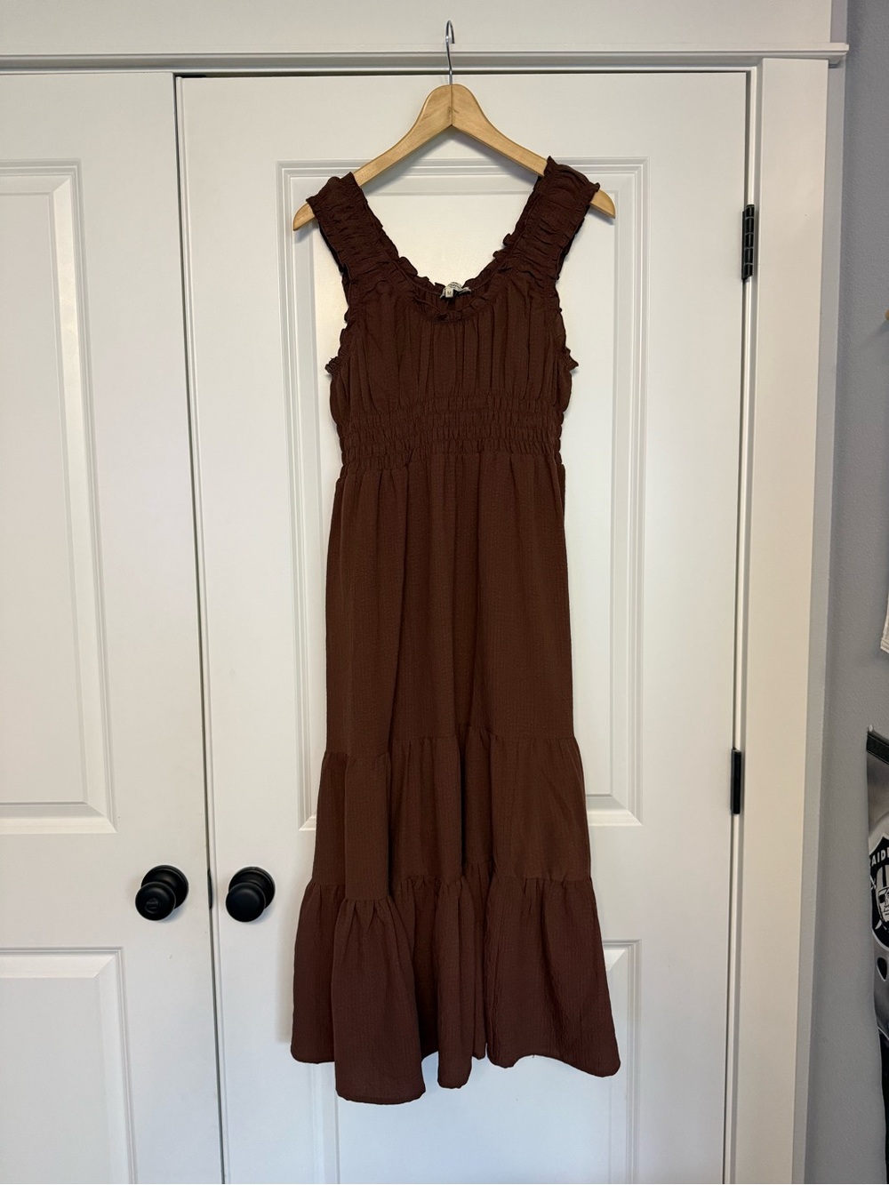 entro Rusty Chocolate Brown Smocked Tiered Maxi Dress